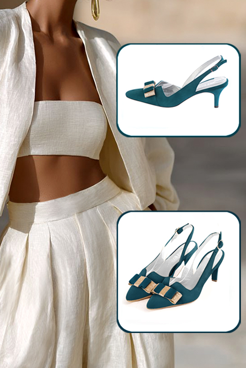 Women's peacock blue and gold elegant slingback heels, with a bow on the front. Tapered toe. Medium slim heel - Top view